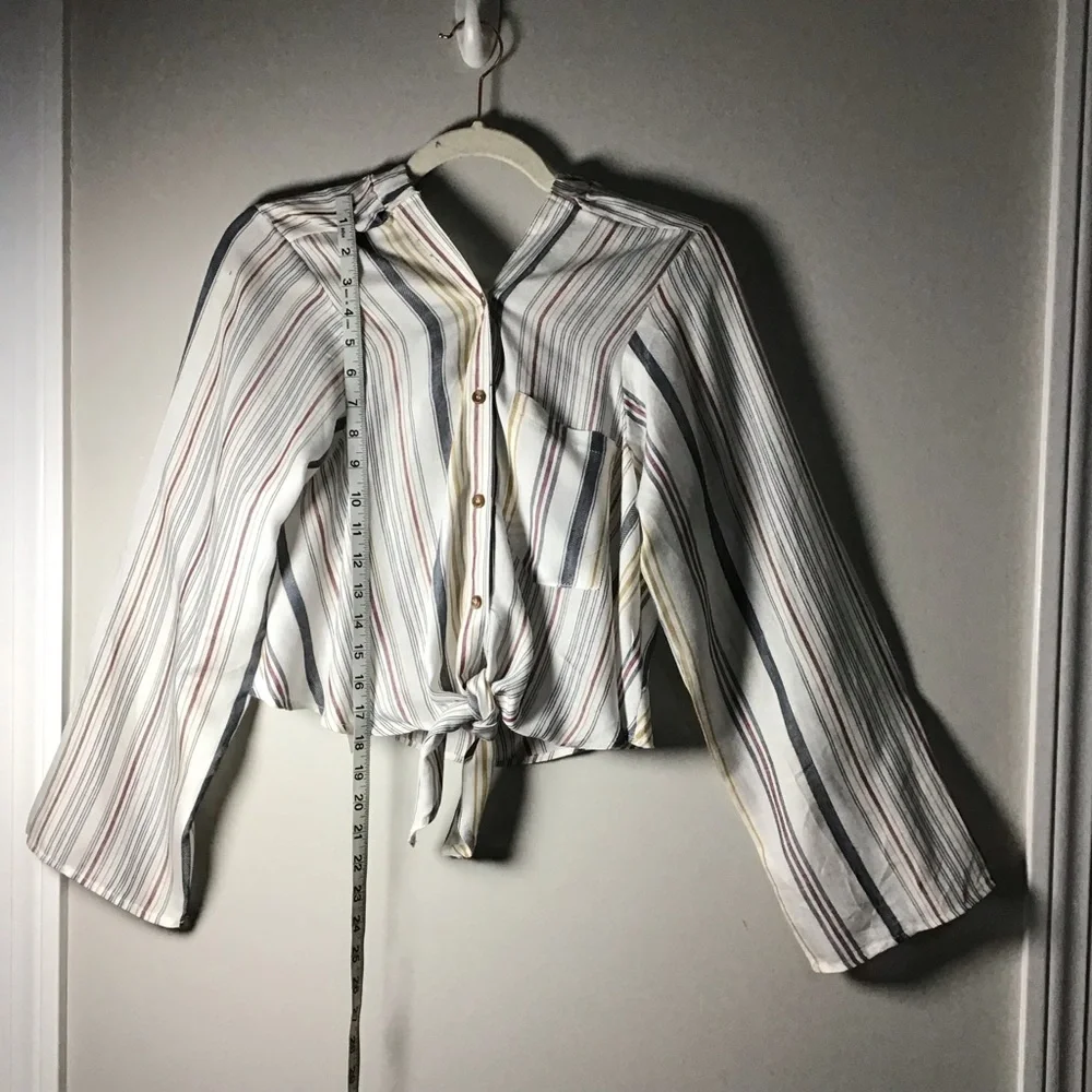 Free People multi colored stripe Tie-Front blouse Button Shirt pocket XL